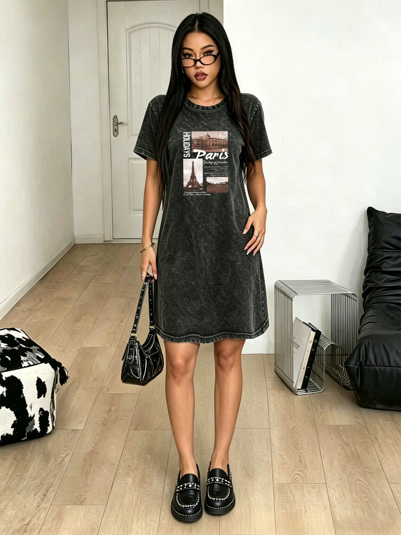 Streetwear Brand Paris - Gewassen vintage T-shirtjurk voor dames, modieus